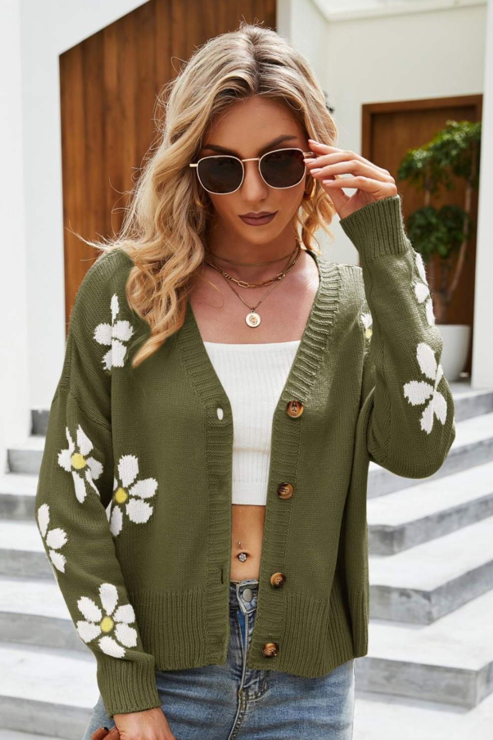 Floral Ribbed Trim Drop Shoulder Cardigan - NJPH Best Selling 