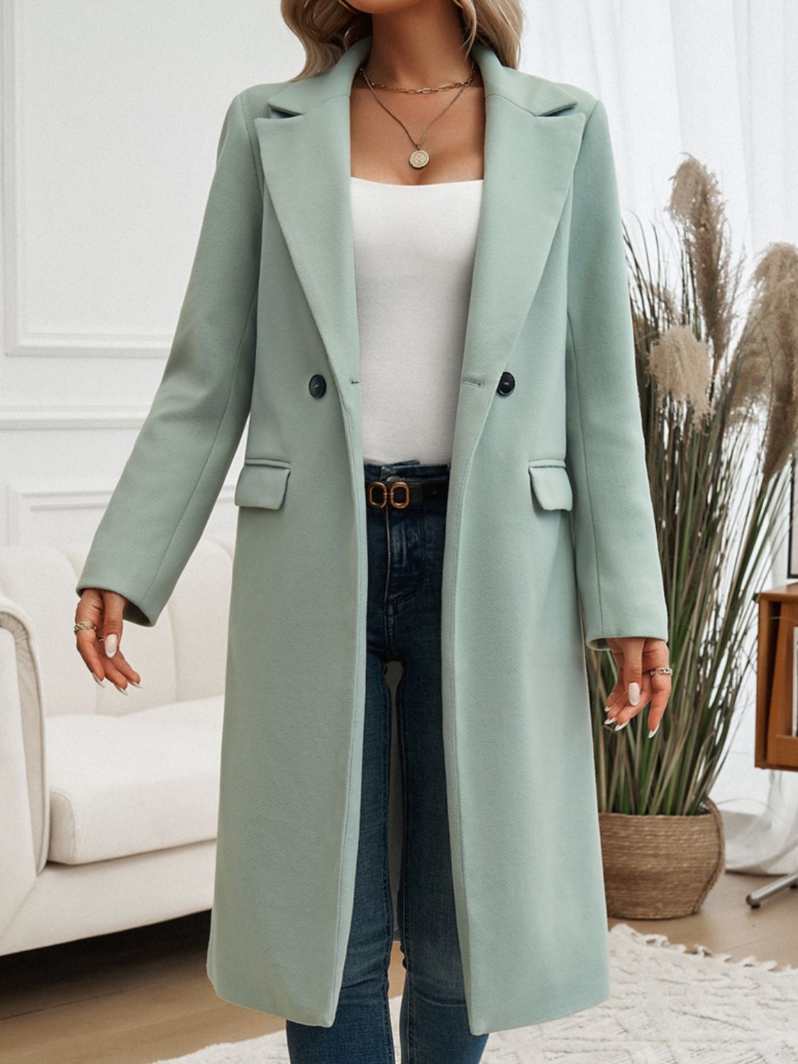 Devine Pocketed Collared Neck Long Sleeve Coat - NJPH Best Selling 