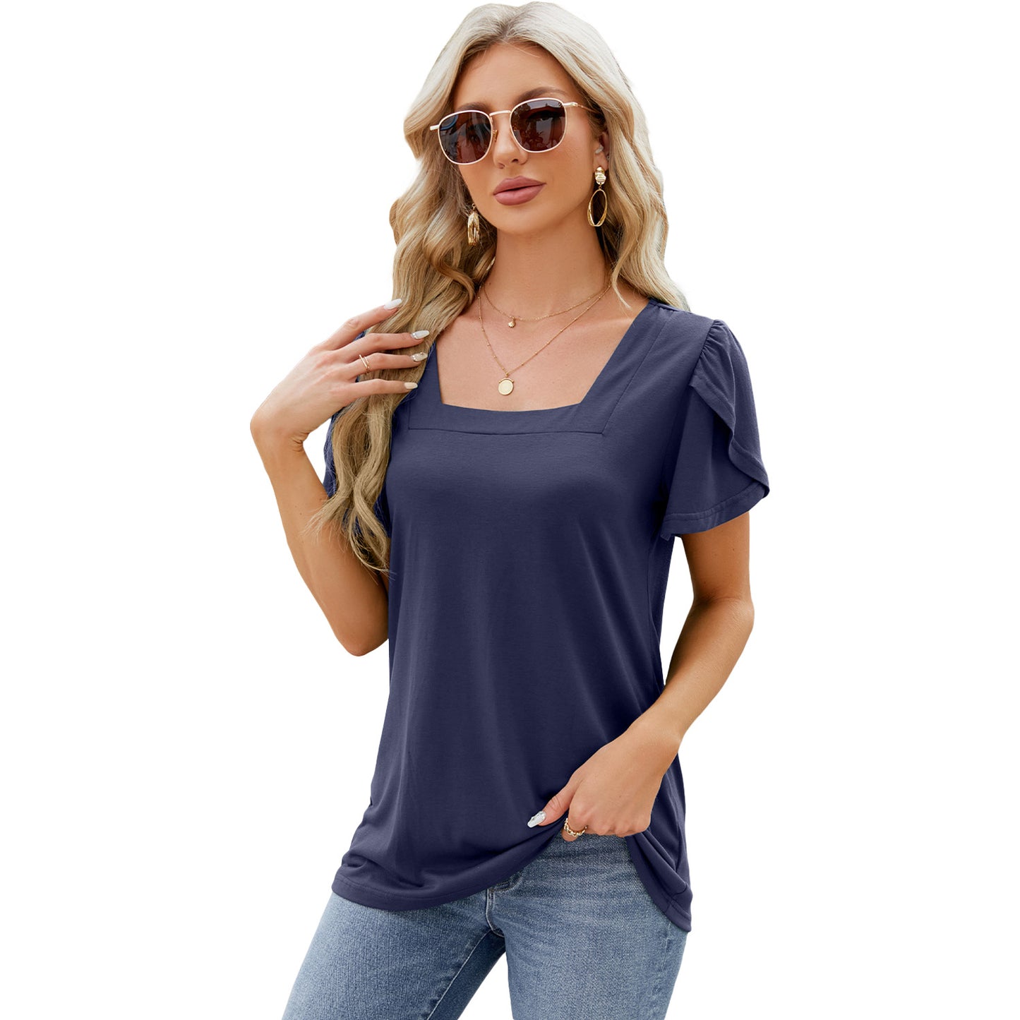 Summer Top Fashion Square Neck Printed Short-sleeved T-shirt With Petal Sleeve Design Bohemian Beach Loose T-shirt For Womens Clothing - NJPH Best Selling 