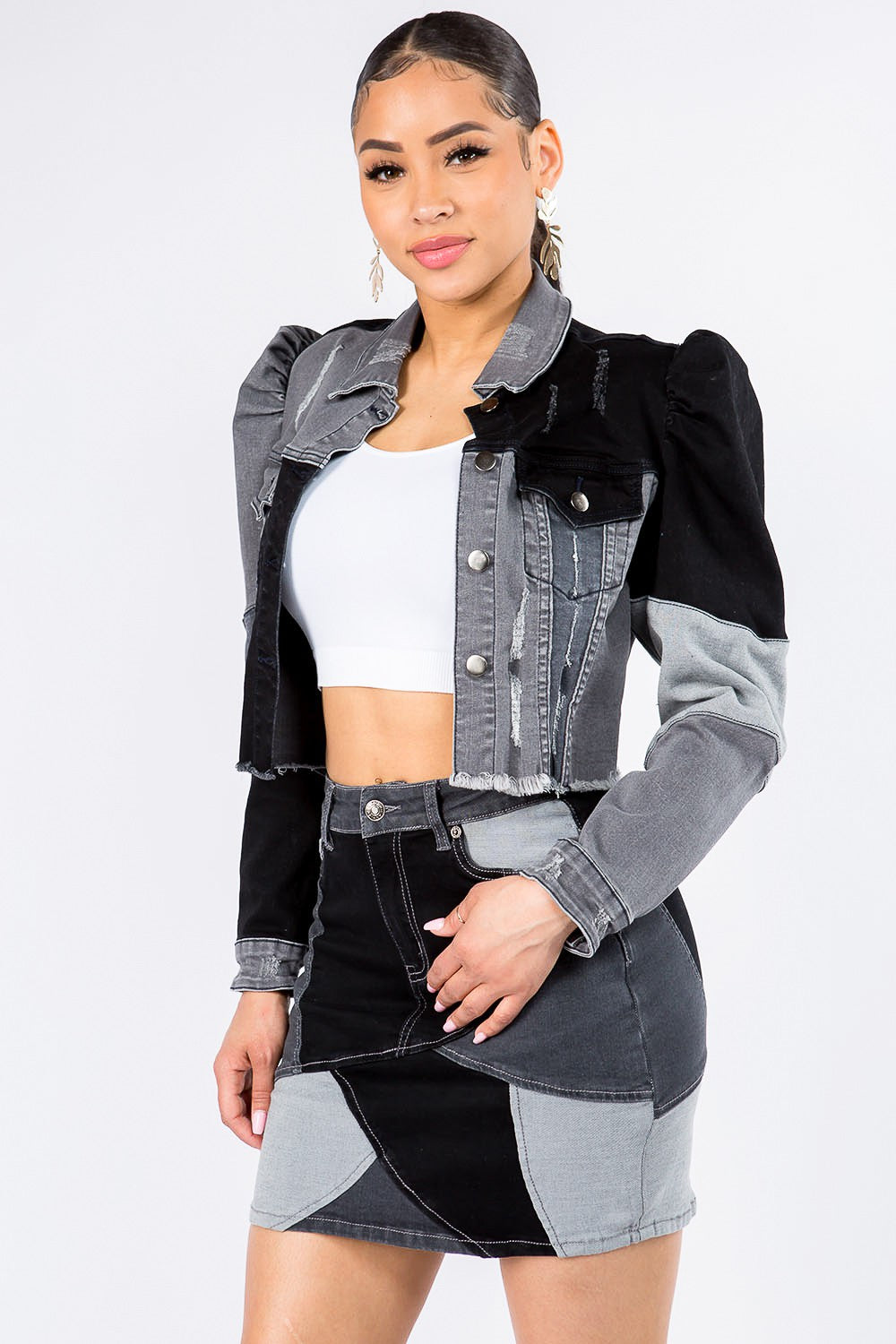 American Bazi Button Up Cropped Patchwork Denim Jacket - NJPH Best Selling 