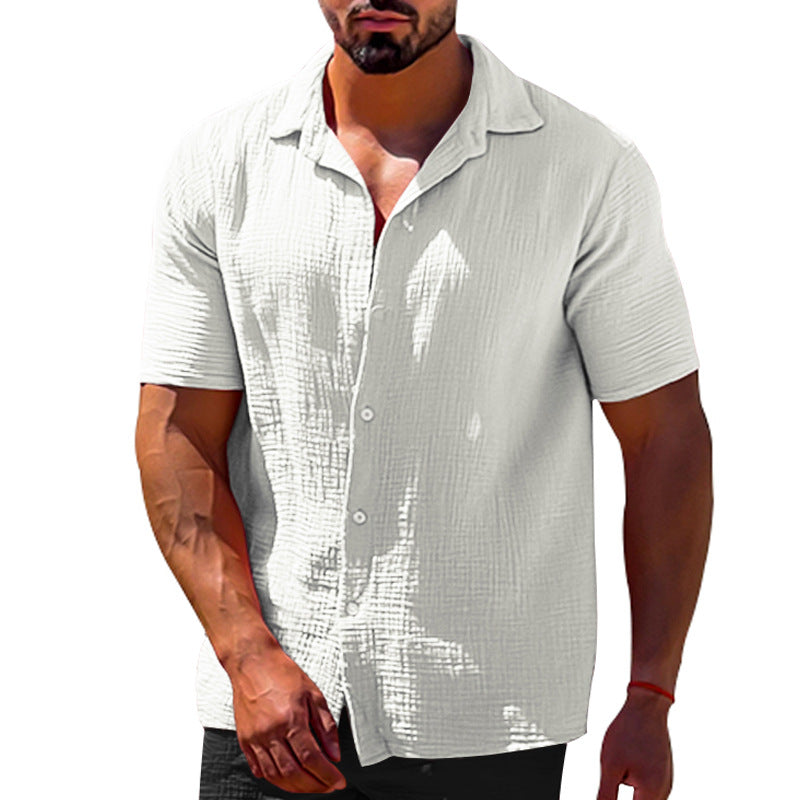 Polo Collar Solid Color Short Sleeve Button Men's Linen Shirts - NJPH Best Selling 