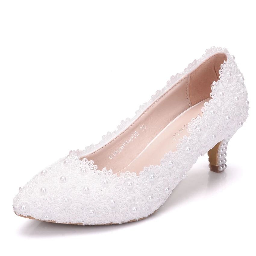 Crystal Queen 2 Inches Kitten Heel Girl Dress White Pink Lace Flower Party Prom Wedding Bridal Shoes Bridesmaid Pumps - NJPH Best Selling 