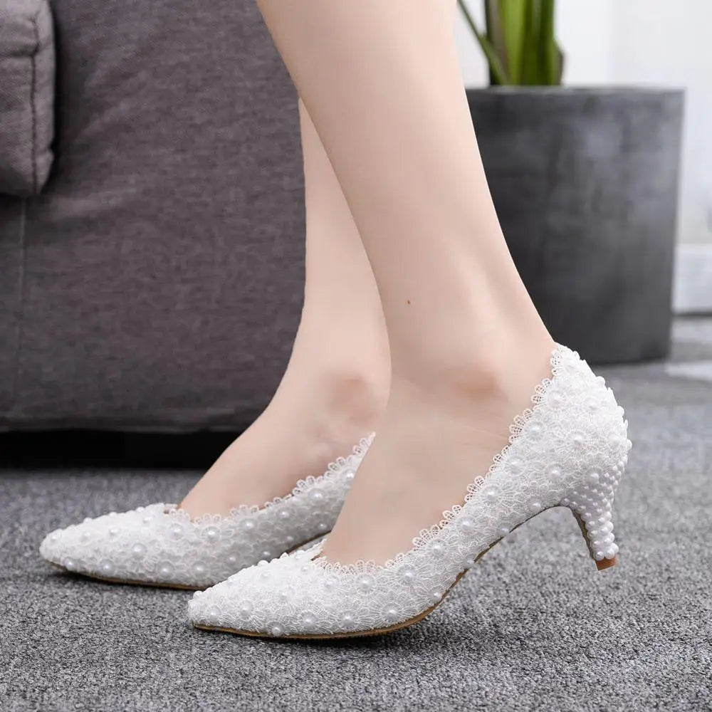 Crystal Queen 2 Inches Kitten Heel Girl Dress White Pink Lace Flower Party Prom Wedding Bridal Shoes Bridesmaid Pumps - NJPH Best Selling 