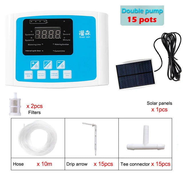 Garden Drip Irrigation Device Double Pump Controller Timer System, Solar Energy Intelligent Automatic Watering Device for Plants - NJPH Best Selling 