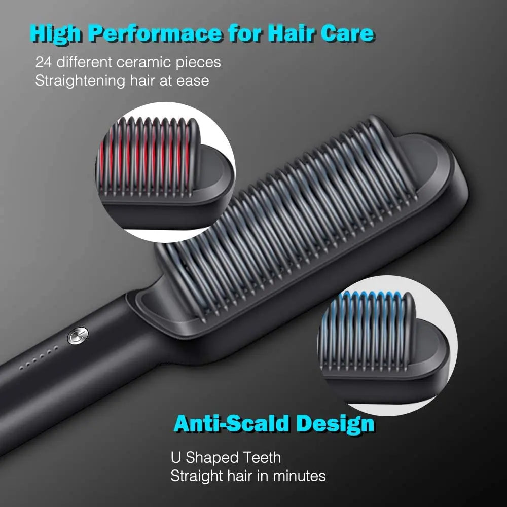 Hair Straightener Brush Hot Comb Ionic Straightening Brush with Anti Scald Fast Ceramic Heating Portable Hot Straightening Comb