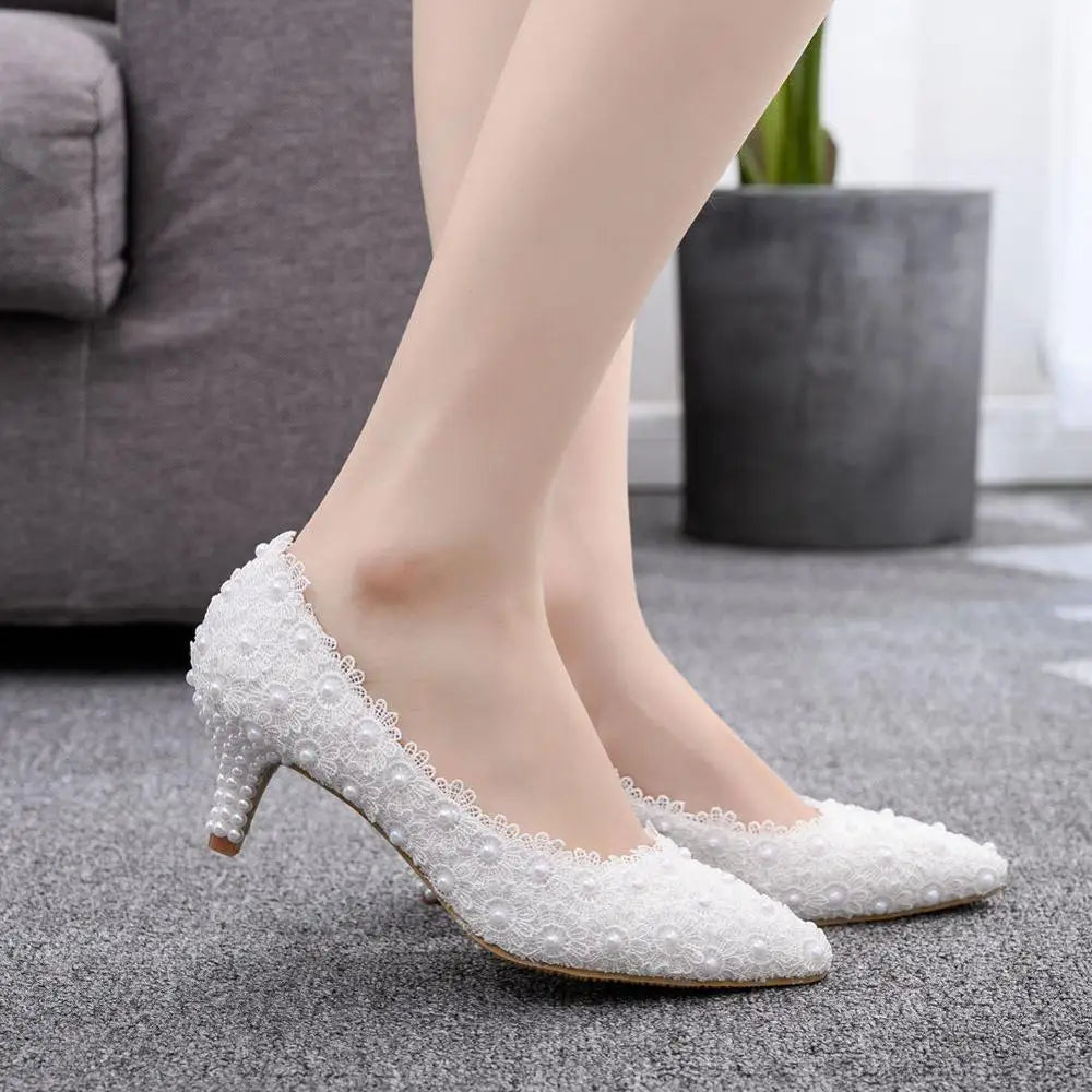 Crystal Queen 2 Inches Kitten Heel Girl Dress White Pink Lace Flower Party Prom Wedding Bridal Shoes Bridesmaid Pumps - NJPH Best Selling 