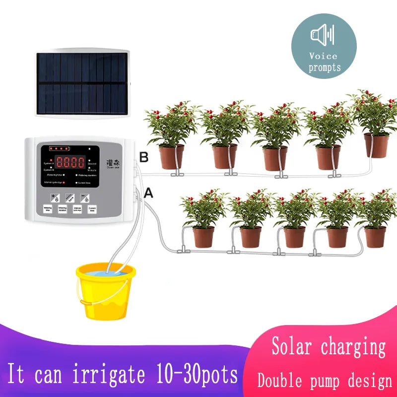 Garden Drip Irrigation Device Double Pump Controller Timer System, Solar Energy Intelligent Automatic Watering Device for Plants - NJPH Best Selling 