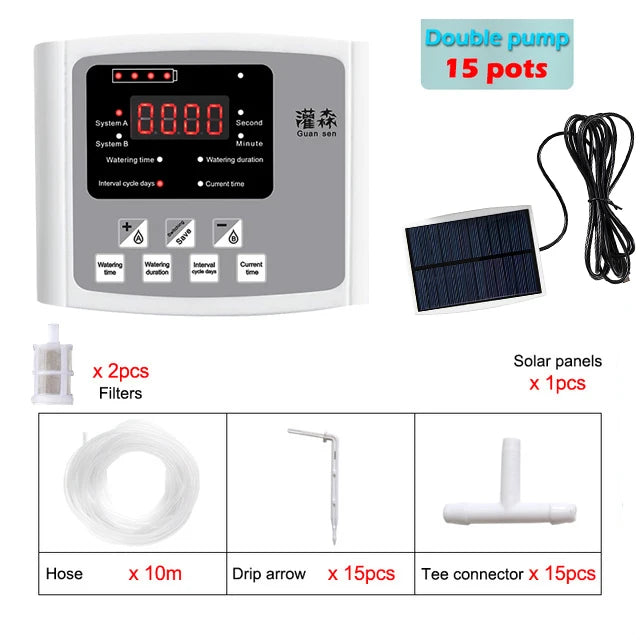 Garden Drip Irrigation Device Double Pump Controller Timer System, Solar Energy Intelligent Automatic Watering Device for Plants - NJPH Best Selling 