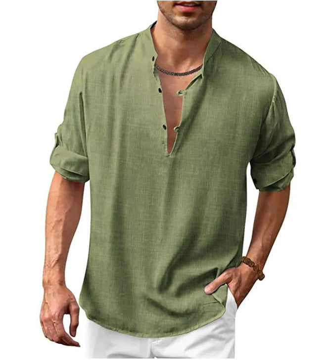 Fall Winter Men's Linen Henley Stand Collar Long Sleeve Casual Beach Shirt - NJPH Best Selling 