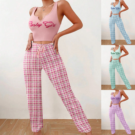 Homewear Vest Color Matching Plaid Trousers Letter Print Top Pajamas For Women - NJPH Best Selling 