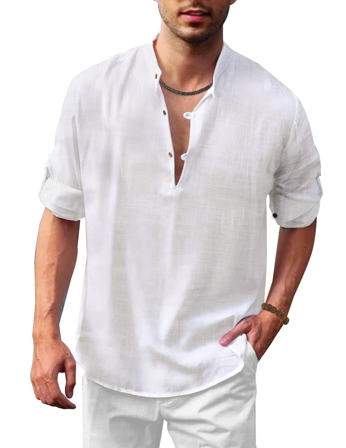 Fall Winter Men's Linen Henley Stand Collar Long Sleeve Casual Beach Shirt - NJPH Best Selling 