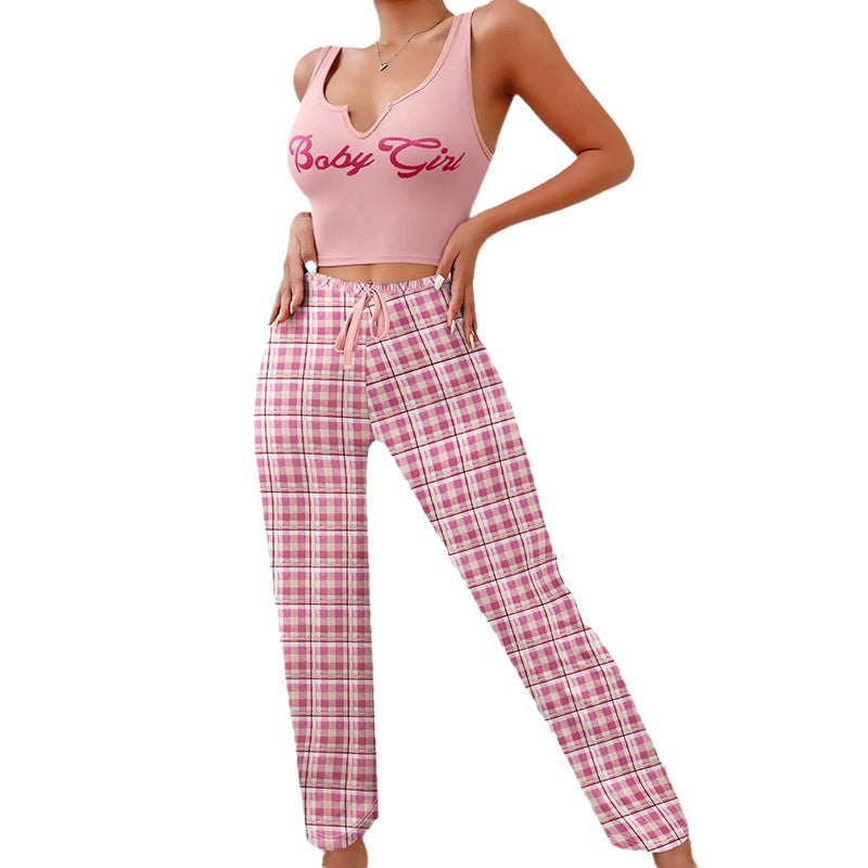 Homewear Vest Color Matching Plaid Trousers Letter Print Top Pajamas For Women - NJPH Best Selling 