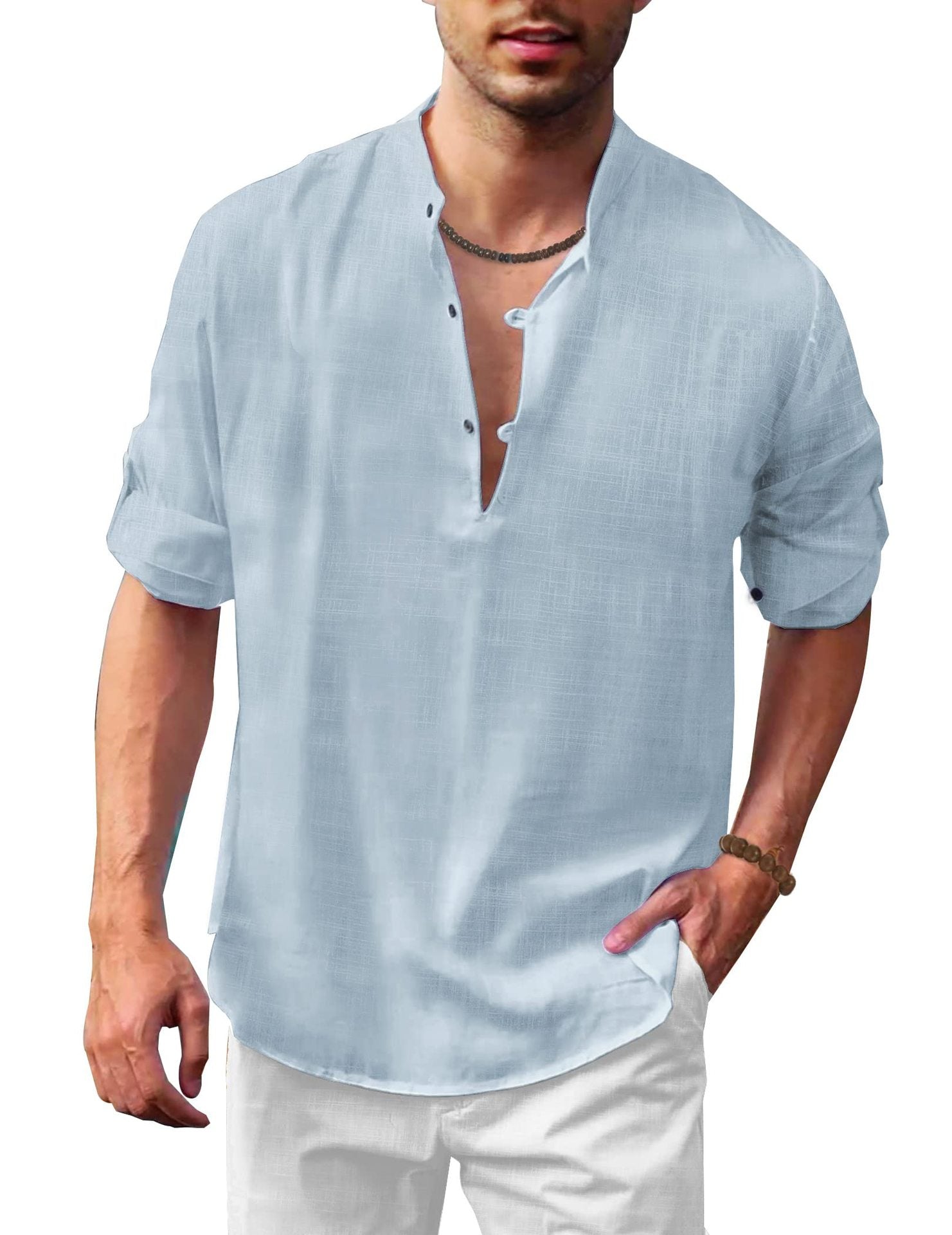 Fall Winter Men's Linen Henley Stand Collar Long Sleeve Casual Beach Shirt - NJPH Best Selling 