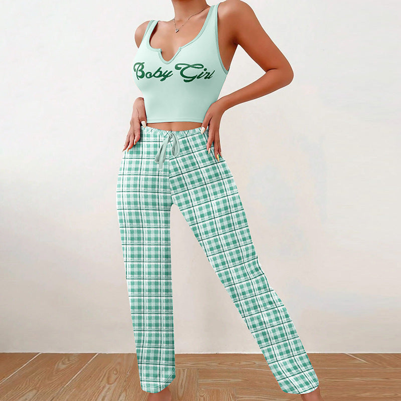 Homewear Vest Color Matching Plaid Trousers Letter Print Top Pajamas For Women - NJPH Best Selling 