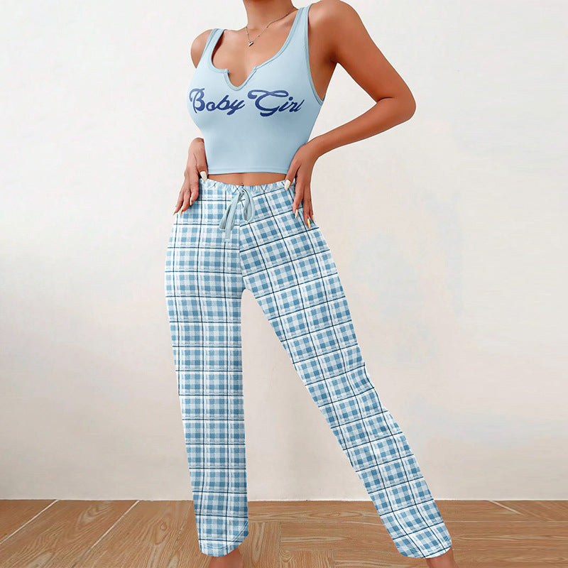 Homewear Vest Color Matching Plaid Trousers Letter Print Top Pajamas For Women - NJPH Best Selling 