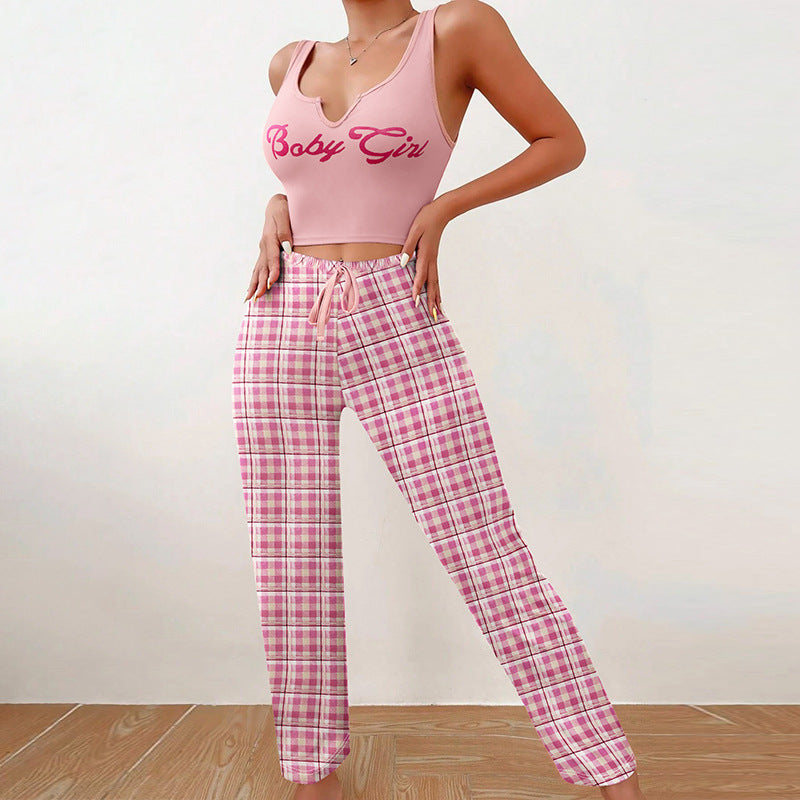 Homewear Vest Color Matching Plaid Trousers Letter Print Top Pajamas For Women - NJPH Best Selling 