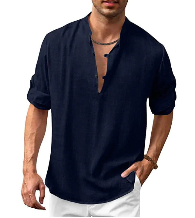 Fall Winter Men's Linen Henley Stand Collar Long Sleeve Casual Beach Shirt - NJPH Best Selling 