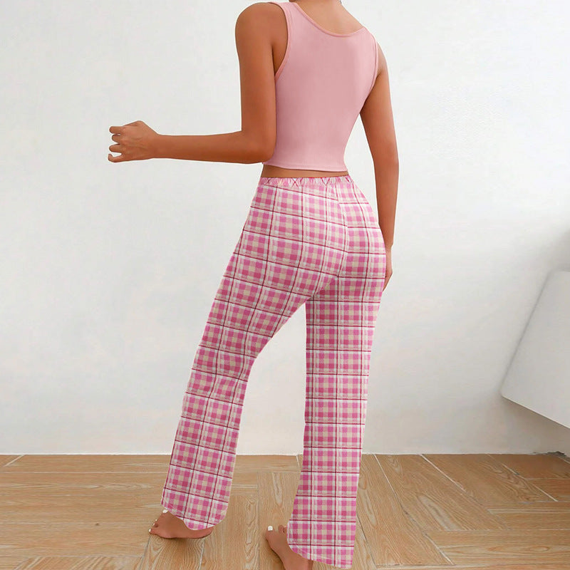 Homewear Vest Color Matching Plaid Trousers Letter Print Top Pajamas For Women - NJPH Best Selling 