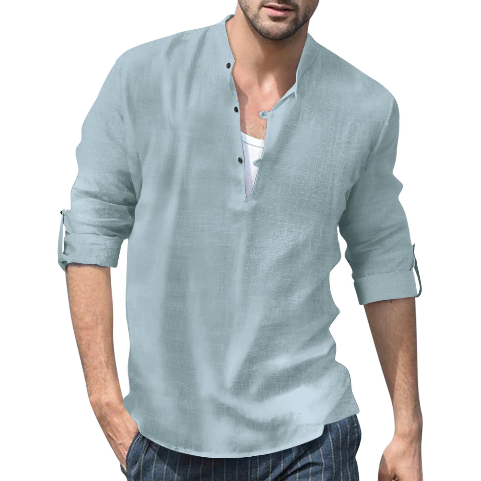 Fall Winter Men's Linen Henley Stand Collar Long Sleeve Casual Beach Shirt - NJPH Best Selling 