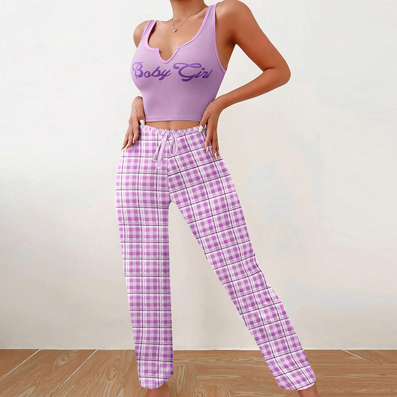 Homewear Vest Color Matching Plaid Trousers Letter Print Top Pajamas For Women - NJPH Best Selling 