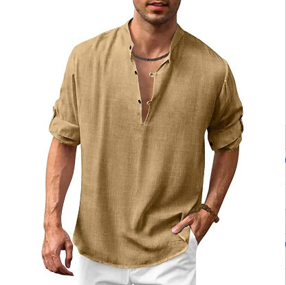 Fall Winter Men's Linen Henley Stand Collar Long Sleeve Casual Beach Shirt - NJPH Best Selling 