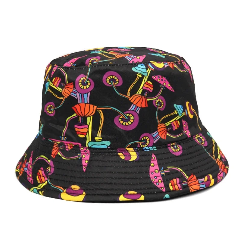 2023 New Mushroom Print Fisherman Hat Women Men Bucket Hat Outdoor Double-sided Sunshade Fashion Basin Panama Bob Cap - NJPH Best Selling 