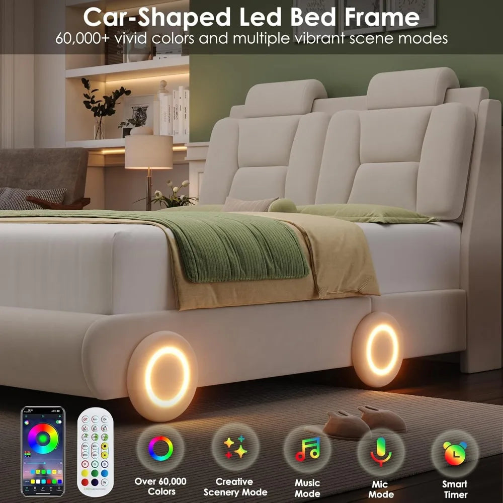 Queen Upholstered Led Bed Frame with Wheels Decor & Adjustable Curved Headboard Modern Car-Shaped Platform Bed with Detachable