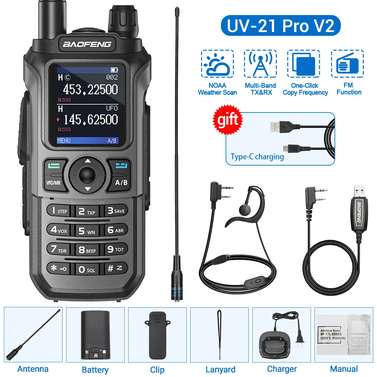 Baofeng UV-21 Pro V2 Wireless Copy Frequency Tri Band Powerful Waterproof Long Range UV-5R 22Pro S22 Type-C Two Way Radio - NJPH Best Selling 