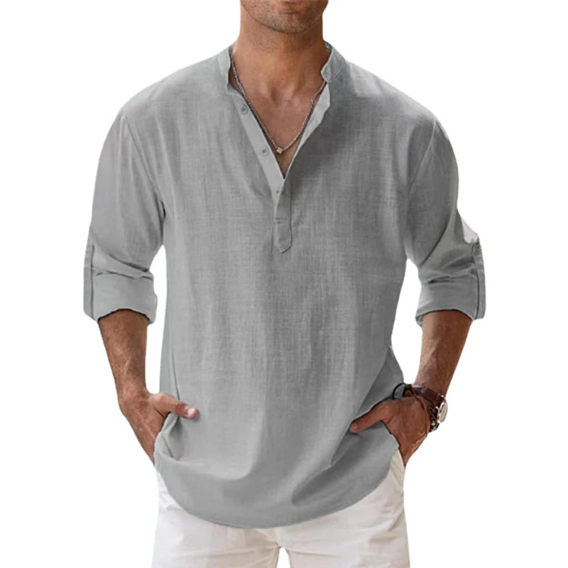 New Cotton Linen Shirts for Men Casual Shirts Lightweight Long Sleeve Henley Beach Shirts Hawaiian T Shirts for Men - NJPH Best Selling 