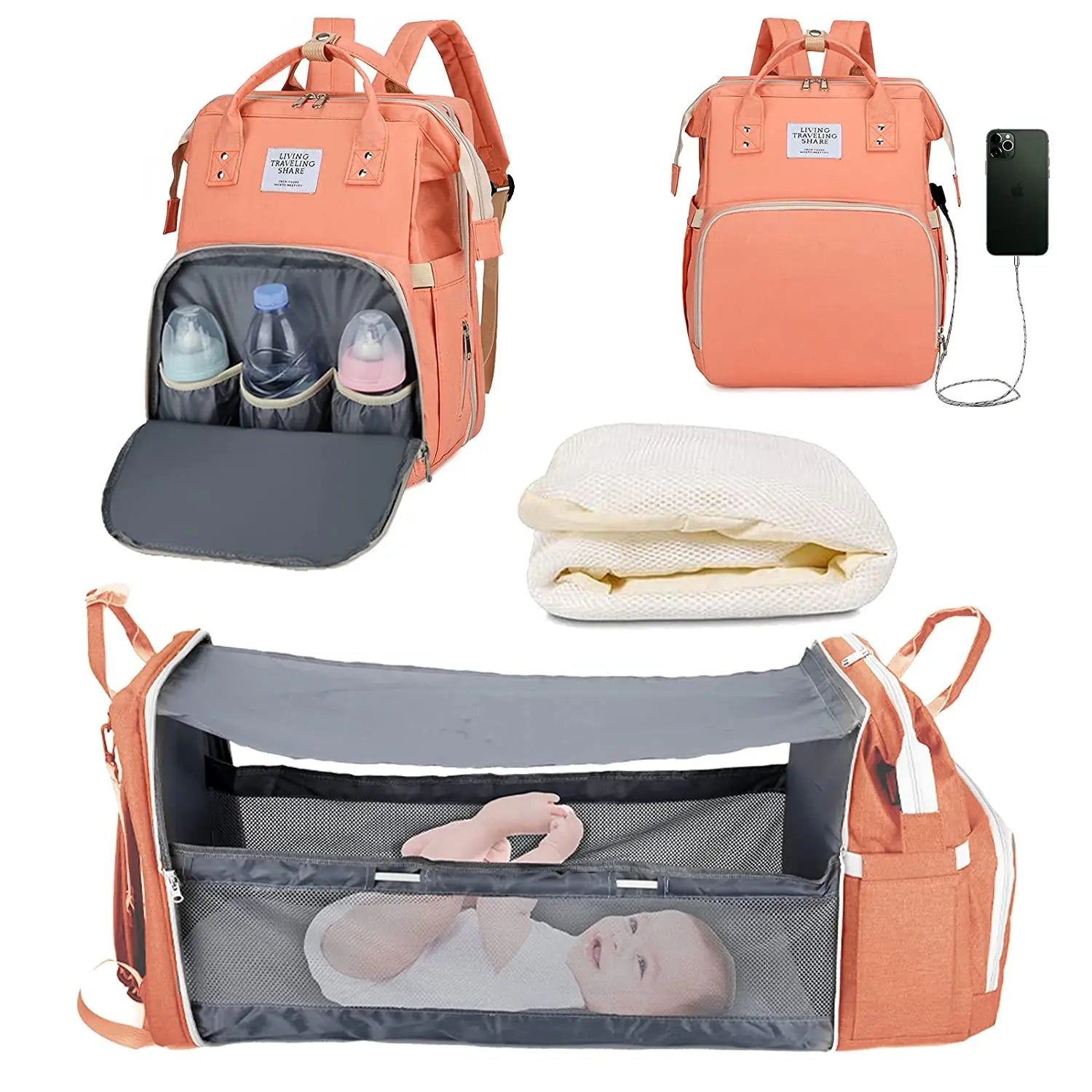 3 In 1 Diaper Bag Backpack Foldable Baby Bed Waterproof Travel Bag with USB Charge Diaper Bag Backpack with Changing Bed 3 types - NJPH Best Selling 