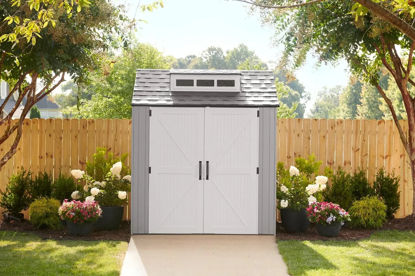 Rubbermaid Resin Outdoor Storage Shed With Floor (7 x 7 Ft), Weather Resistant, Gray, Organization for Home/Backyard/Garden Tool - NJPH Best Selling 