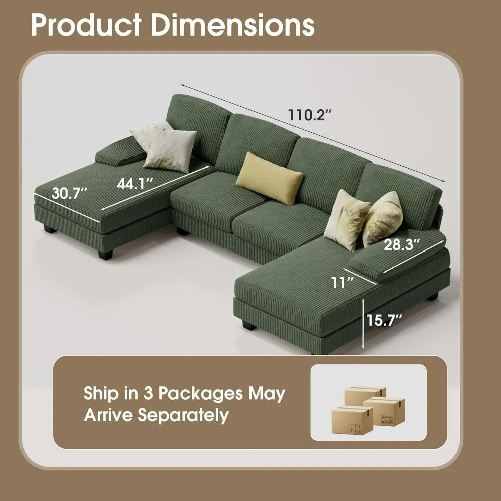 Sectional Couches for Living Room, U-Shaped Sofa Couch with Linen Fabric, 4 Seat Sofa Set with Double Chaise for Apartment Grey