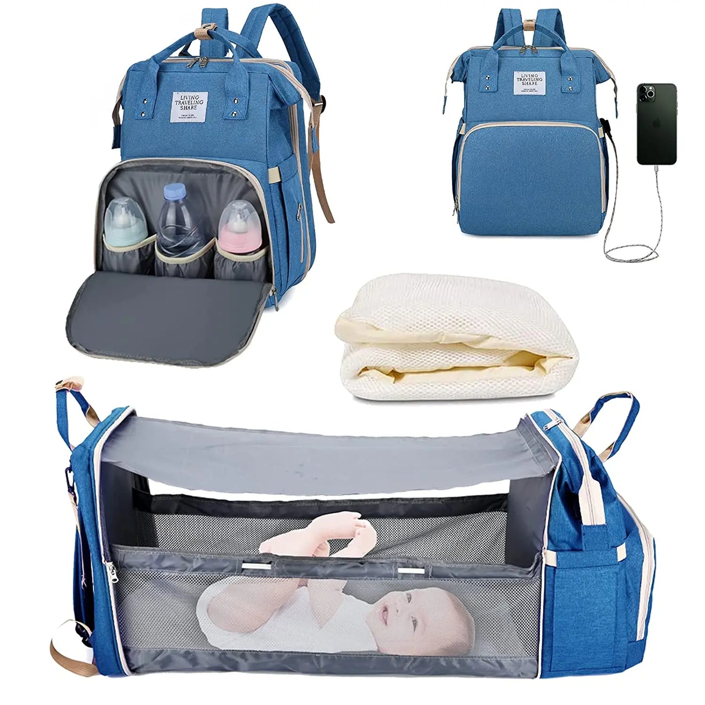 3 In 1 Diaper Bag Backpack Foldable Baby Bed Waterproof Travel Bag with USB Charge Diaper Bag Backpack with Changing Bed 3 types - NJPH Best Selling 