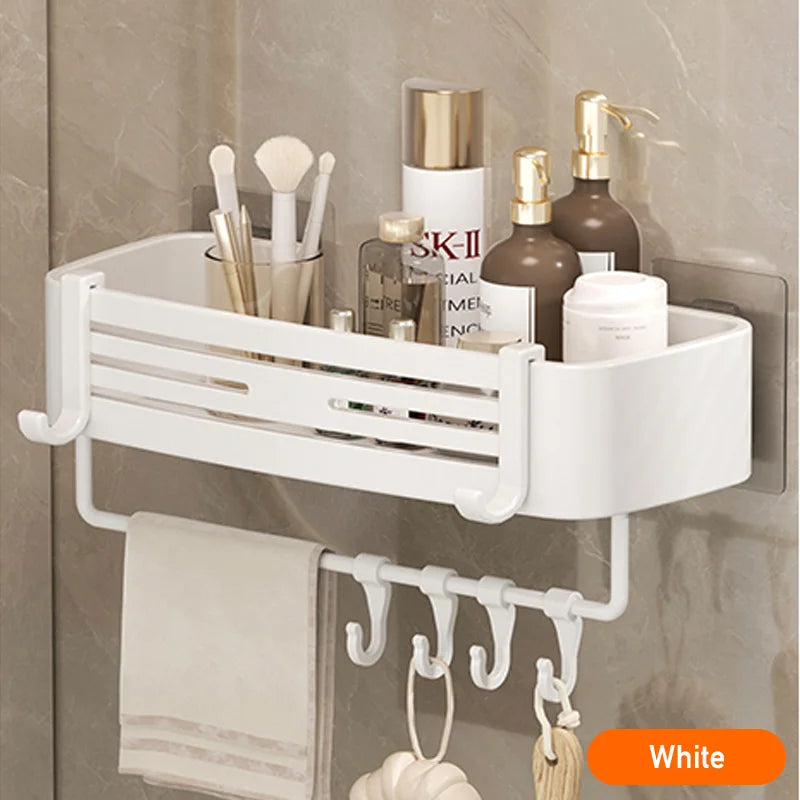 White Aluminum Bathroom Storage Shelves Rack Wall Mounted Without Drilling Kitchen Shower Shampoo Caddy Holder Organizer Shelf - NJPH Best Selling 