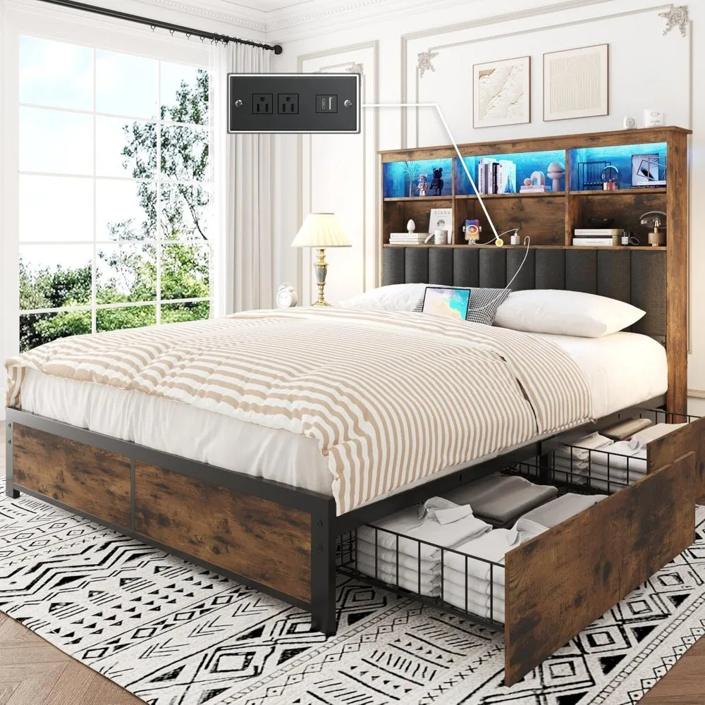 Queen Bed Frame with Headboard, Queen Bed Frame with High Storage Bookcase Headboard,4 Storage Drawers & Charging Station