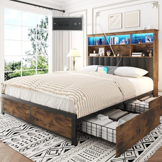 Queen Bed Frame with Headboard, Queen Bed Frame with High Storage Bookcase Headboard,4 Storage Drawers & Charging Station