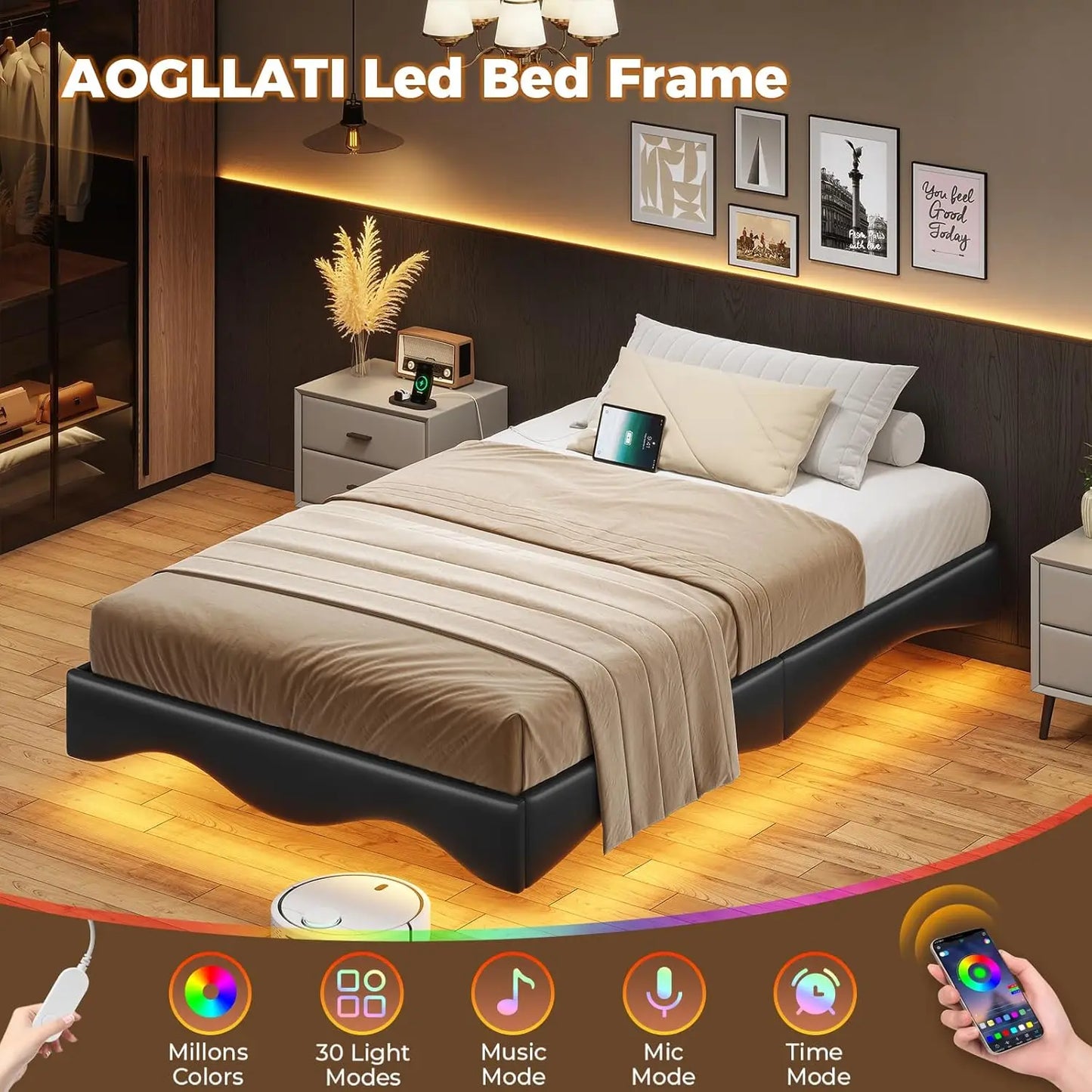 Floating double bed frame with charging station and LED light, leather wave-shaped structure stable without spring