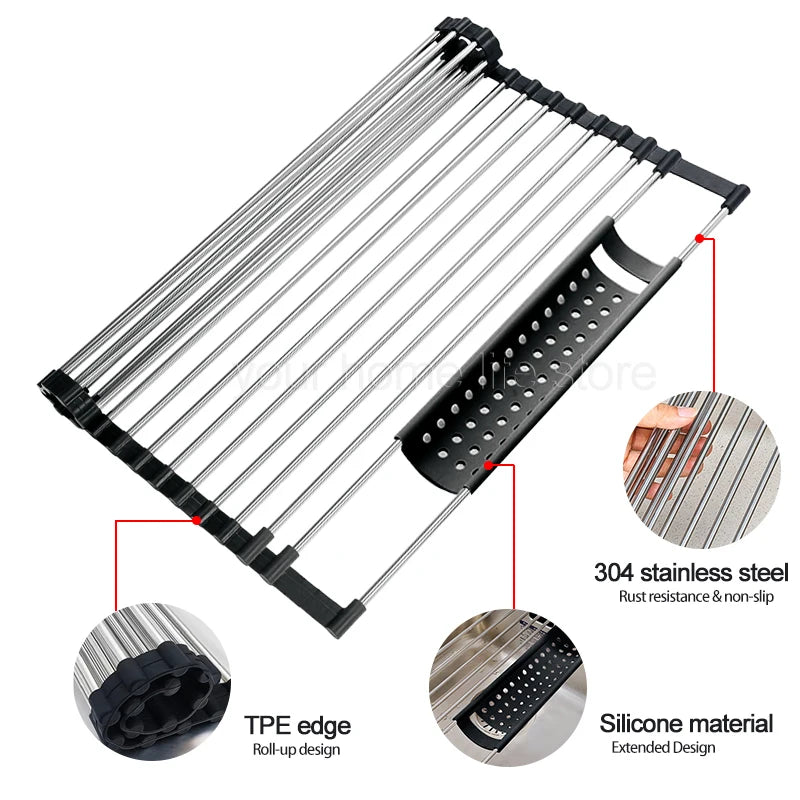 Kitchen Foldable dish drying Rack 304 Stainless Steel,Kitchen accessories,Anti-Slip Roll-up Dish Drying Rack for kitchen Counter - NJPH Best Selling 