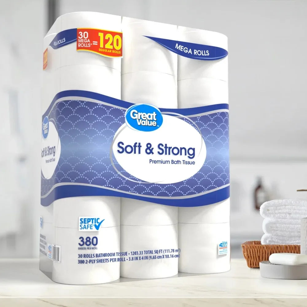 Soft & Strong Premium Toilet Paper, 30 Mega Rolls, 380 Sheets per Roll - NJPH Best Selling 