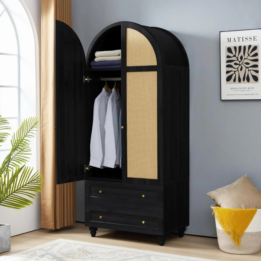 Wardrobe Closet, Rattan Freestanding Bedroom Armoire 2 Drawers and Hanging Rod, 74.8” Tall Wardrobe Storage Cabinet (Black)