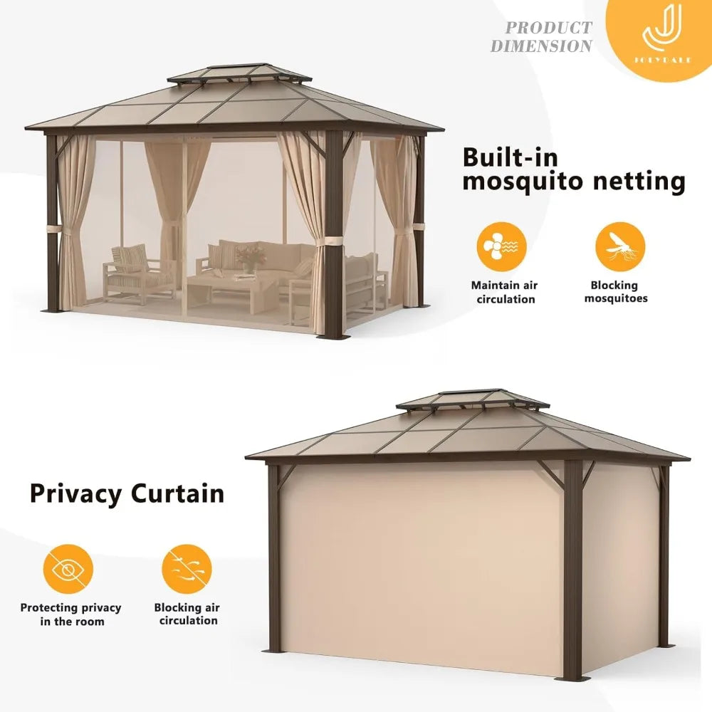 10'x12' Hardtop Gazebo, Double Roof Gazebo, Aluminum Frame Permanent Pavilion with Netting and Curtains - NJPH Best Selling 