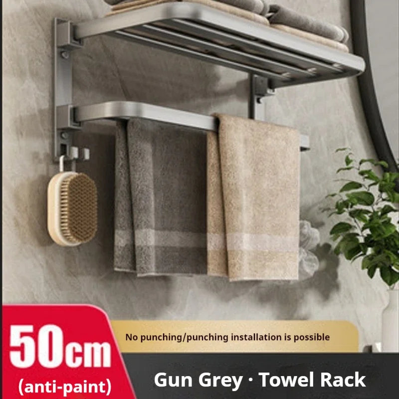 Gun Grey Set 50CM Folding Holder With Hook Towel Holder Wall Mount AluminumTowel Rack Tissue holder Bathroom accessories - NJPH Best Selling 