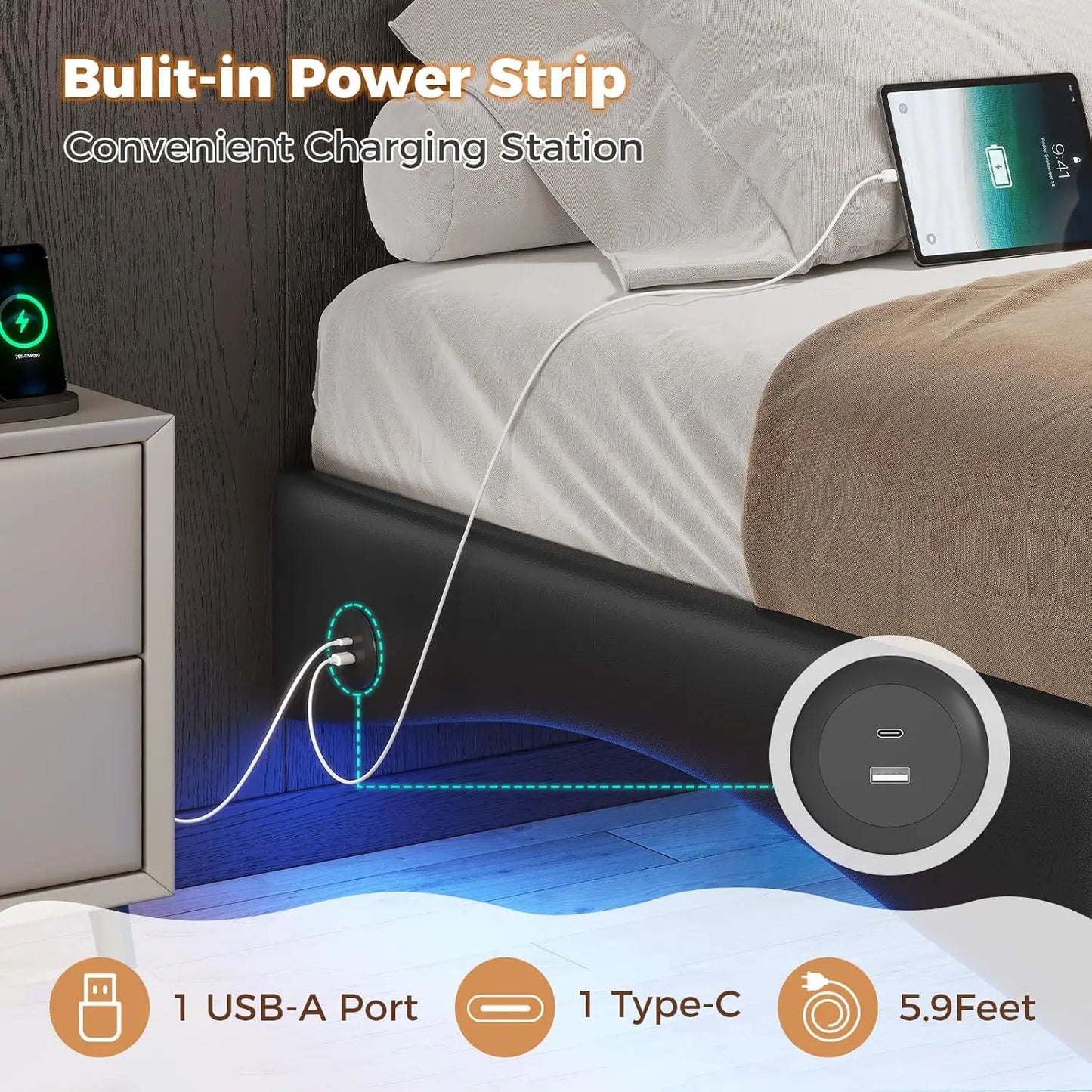 Floating double bed frame with charging station and LED light, leather wave-shaped structure stable without spring