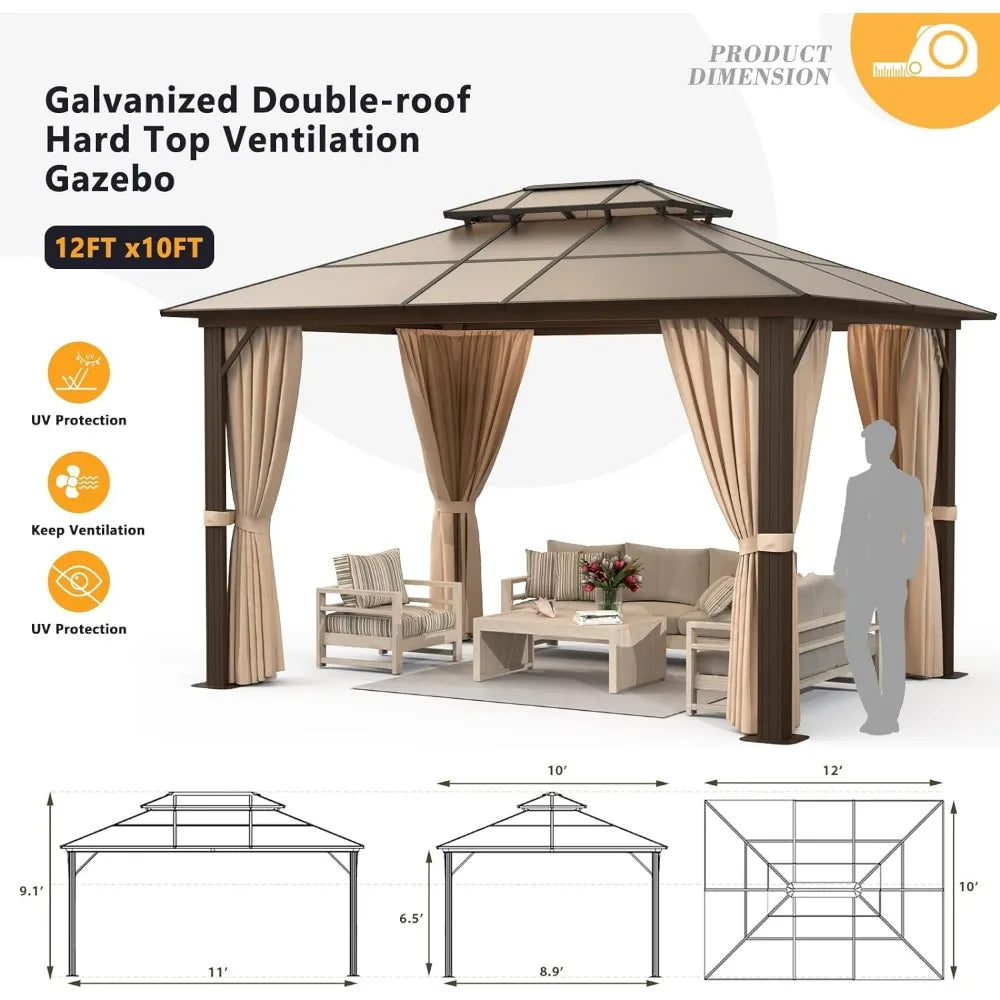 10'x12' Hardtop Gazebo, Double Roof Gazebo, Aluminum Frame Permanent Pavilion with Netting and Curtains - NJPH Best Selling 