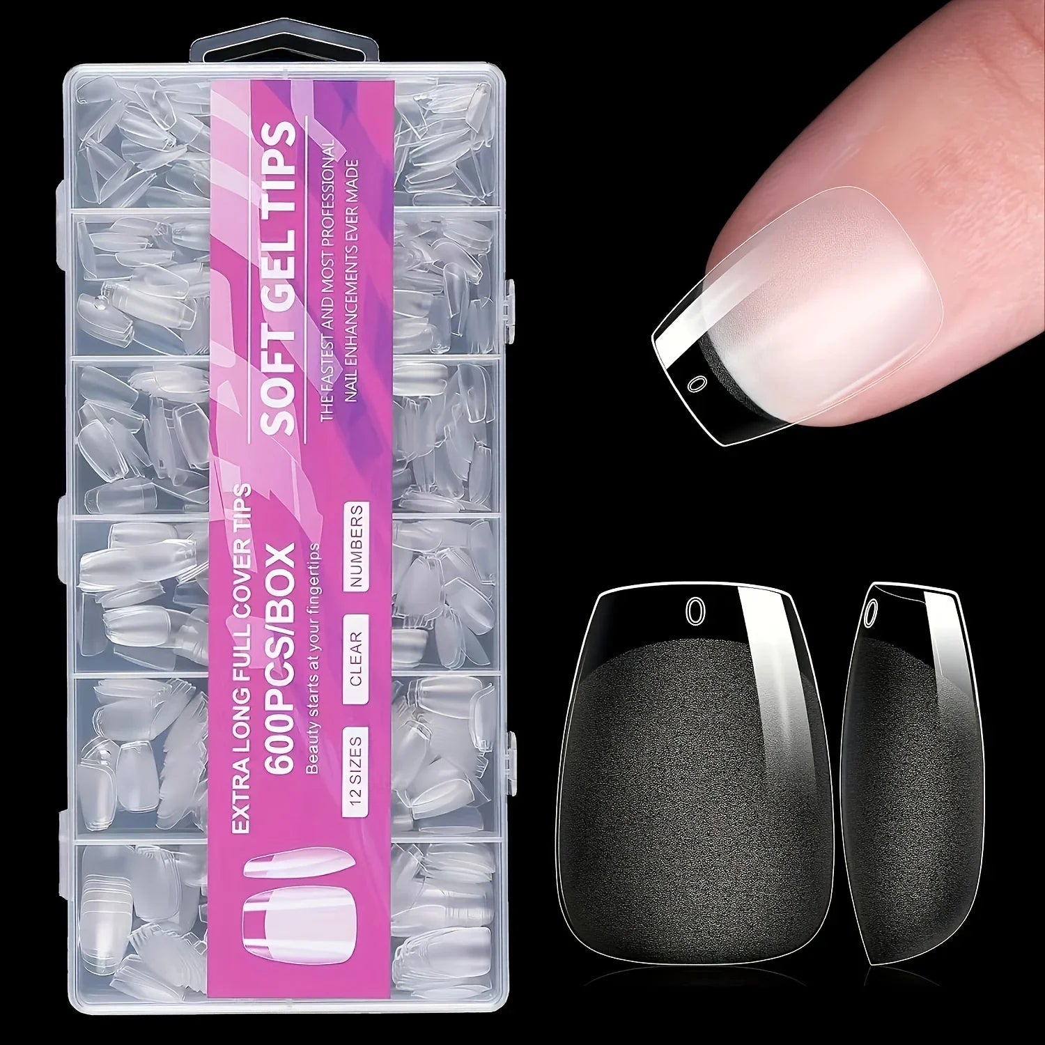 600PCS Short Coffin Nail Tips Half Matte False Tips Full Cover Soft Gel Coffin Shaped Acrylic Nail Tips Clear - NJPH Best Selling 