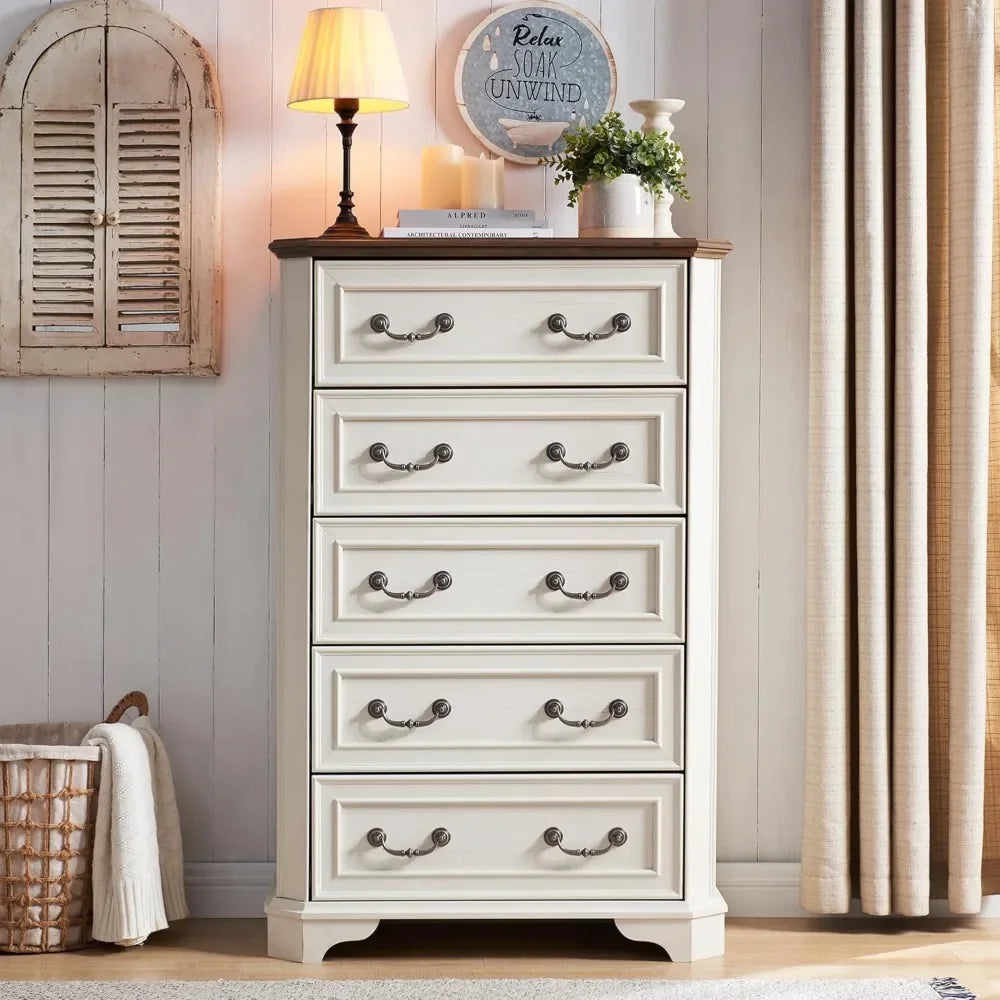 Farmhouse 5 Drawers Dresser for Bedroom, 48" T-Chest of Drawers, Storage Dressers Organizer for Bedroom, Living Room, Hallway