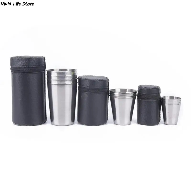 Outdoor Camping Cup Tableware 30ml/70ml/170ml Travel Cups Set Stainless Steel Cover Mug Drinking Coffee Tea Beer With Case