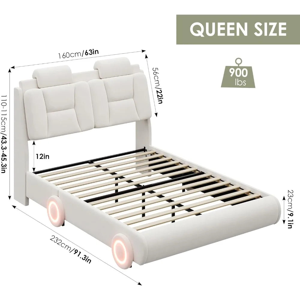 Queen Upholstered Led Bed Frame with Wheels Decor & Adjustable Curved Headboard Modern Car-Shaped Platform Bed with Detachable