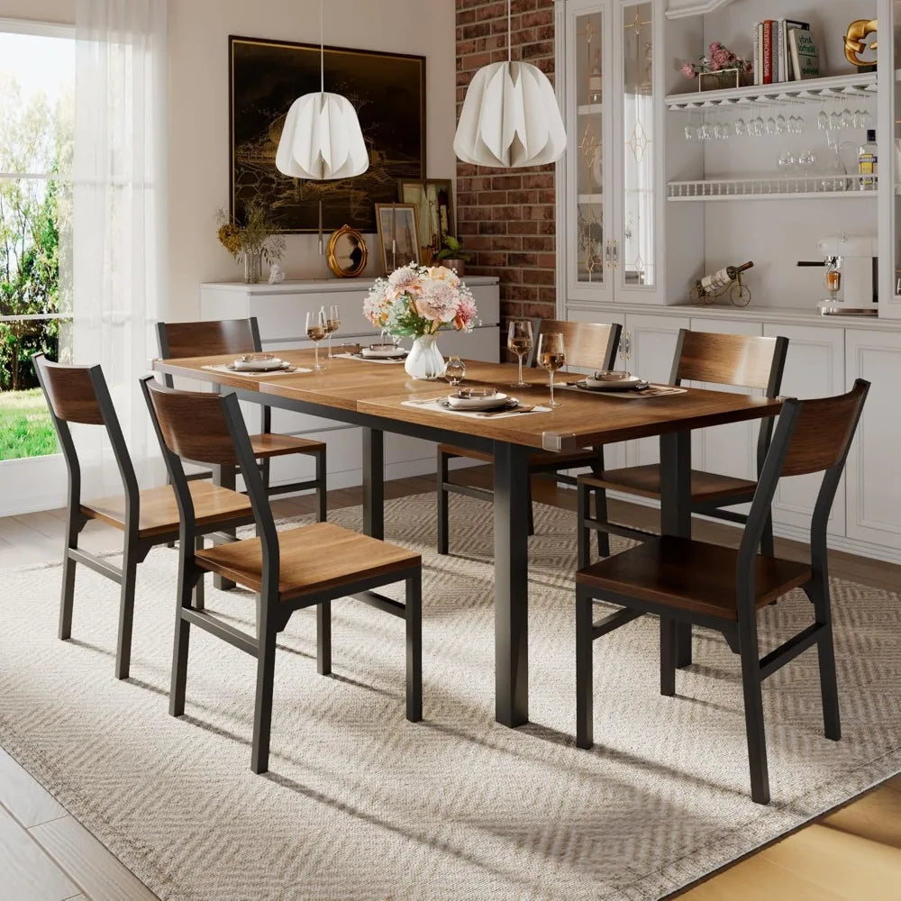 7 Pieces Dining Table with 6 Chairs, 63" Extendable Kitchen Table & Chairs Set for 4-6, Dining Room Table with Metal Frame & MDF