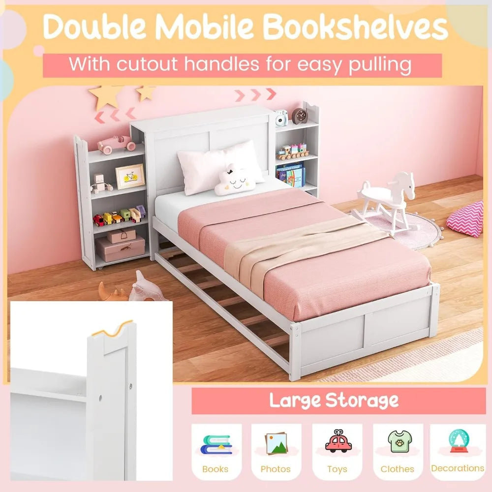 Twin Bed Frame with Trundle, Wooden Bed Frame with 2 Rolling Bookcases & High Headboard, Storage Platform Bed for Kids,